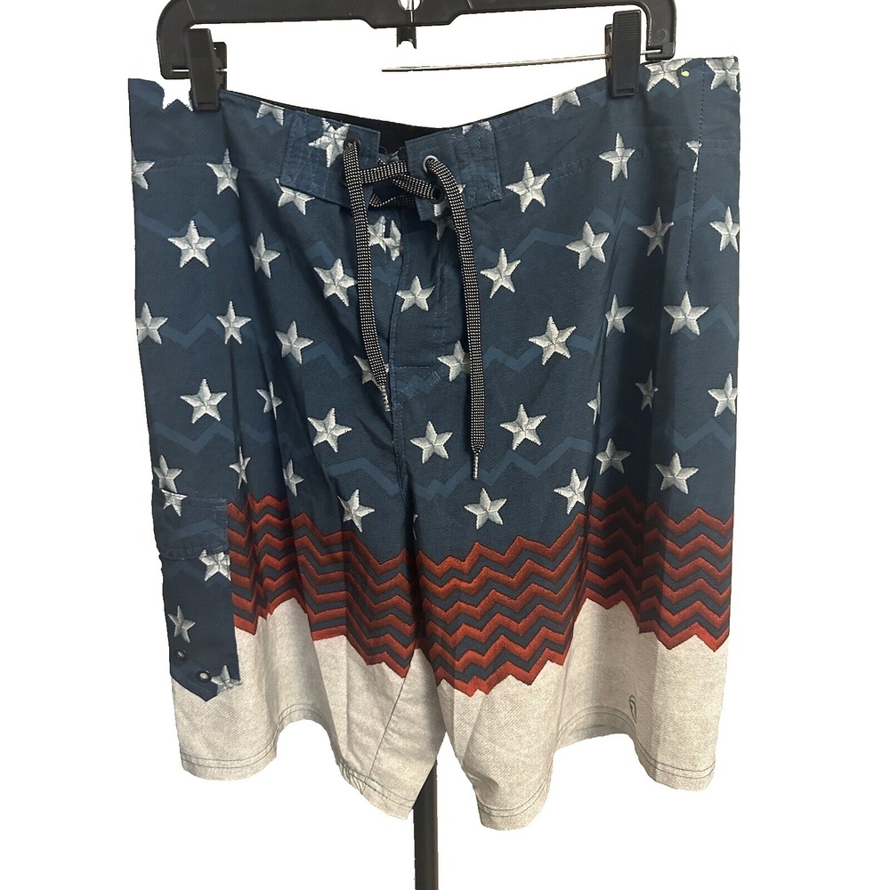 Ocean Current Shorts Mens 34 Blue Red Swim Trunks Stars USA Patriotic Mililtary